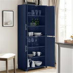 Pemberly Row Traditional Wood Kitchen Storage Pantry, Navy Finish, MDF and Birch Veneer, 67" H x 28" W x 15" D, Adjustable Shelves, Shaker-Style Doors, Brushed Nickel Hardware, Home and Kitchen