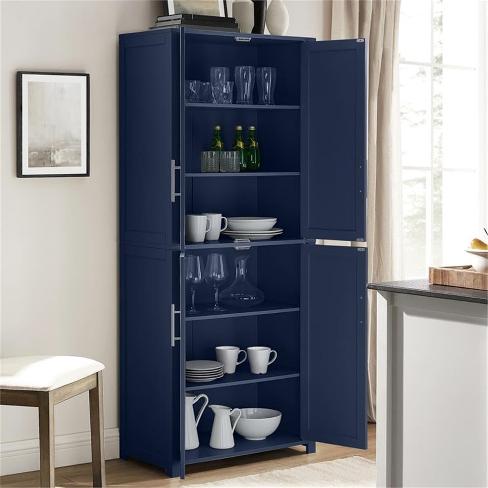 Pemberly Row Traditional Wood Kitchen Storage Pantry, Navy Finish, MDF and Birch Veneer, 67" H x 28" W x 15" D, Adjustable Shelves, Shaker-Style Doors, Brushed Nickel Hardware, Home and Kitchen