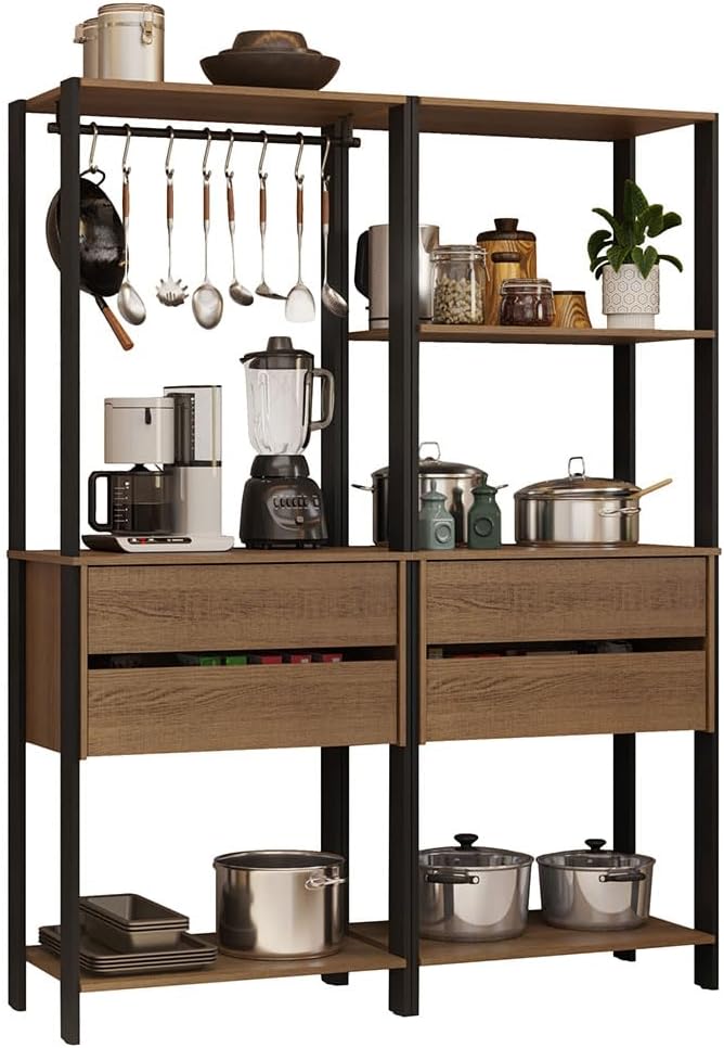 Madesa Kitchen Pantry Storage Rack with 4 Drawers, 5 Shelves and Hanging Space 55" L Multiuse Modular Cabinet for Kitchen Organization - Black/Brown