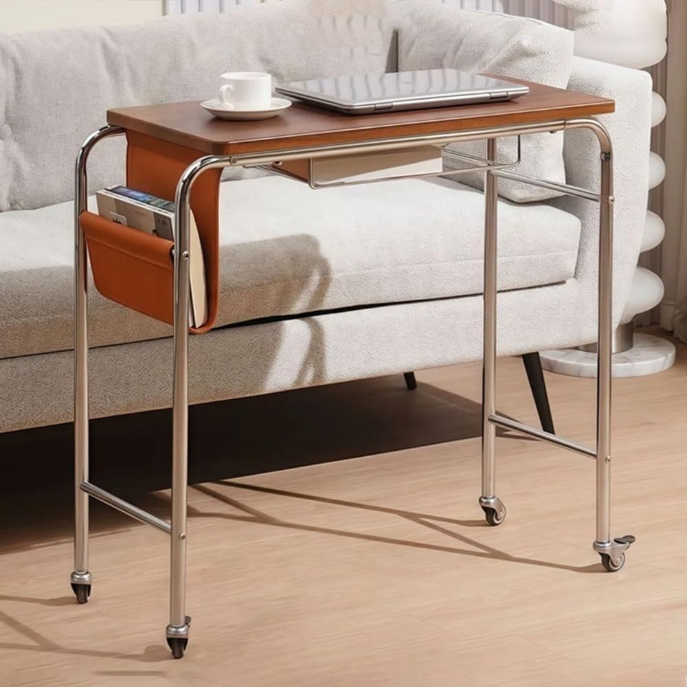 Movable Side Table with Locking Wheels Metal Frame Mobile Workstation Laptop End Table Rolling Office Desk with Storage for Room Long Lasting