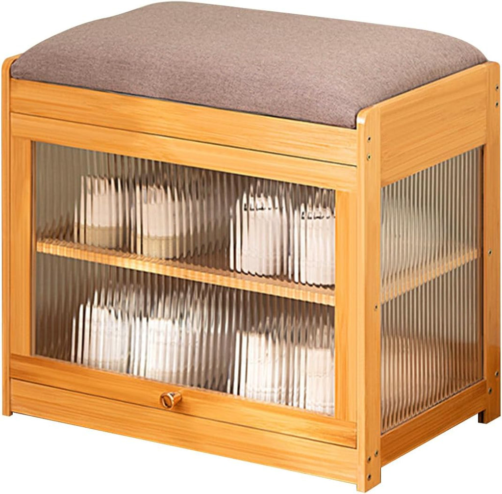 Shoe Storage Bench- Bamboo Entryway Bench with Seat Cushion, 2-Tier Shoe Rack with Removable Dividers and Hidden Storage Space, Organizer Ottoman for Bedroom, Mud Room, Patio, Natural-Small