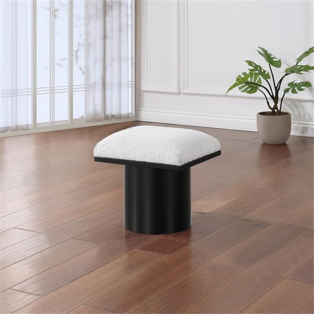 MAKLAINE Cream Boucle Fabric Bench/Stool, 15.5" W x 18" D x 17.5" H, Oak Veneer with Black Finish, 4" Thick Channel-Tufted Seat Cushion, Art Deco Design, Modular Living Room or Entryway Seating