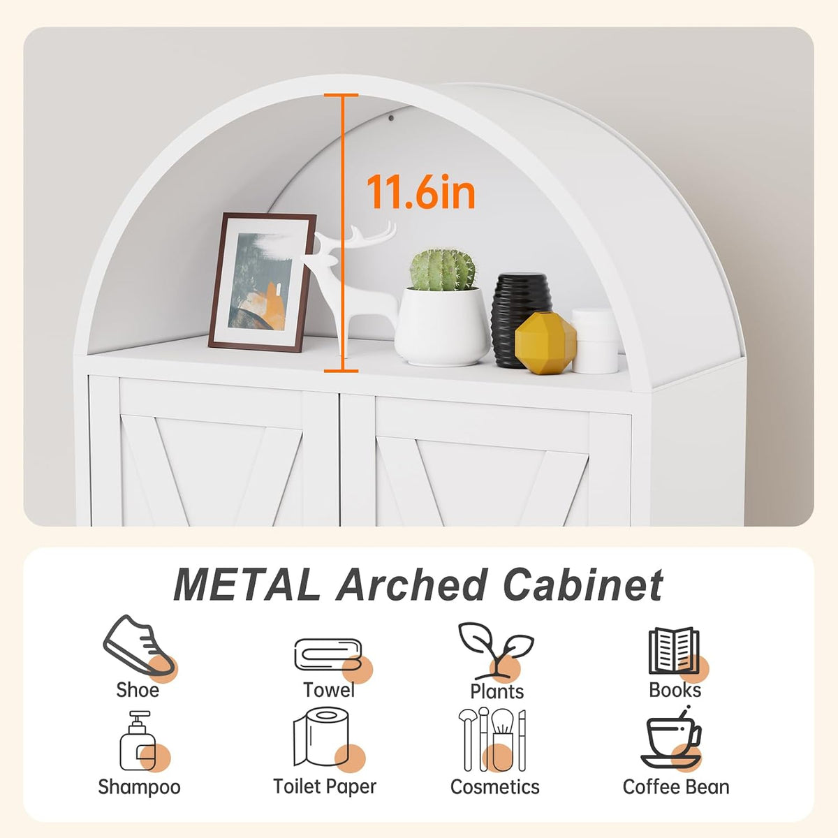 Winiowa Metal Arched Kitchen Pantry Cabinet, 73" Tall Arched Storage Cabinet with 2 Doors & 4 Shelves, Modern Farmhouse Kitchen Storage Cabinets, White