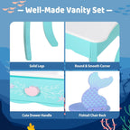 BRINJOY Kids Vanity with Lighted Mirror and Chair | Wooden Princess Vanity for Girls, 2 in 1 Ocean Theme Children Dressing Table Set, Little Girl Makeup Vanity with Mirror Gift