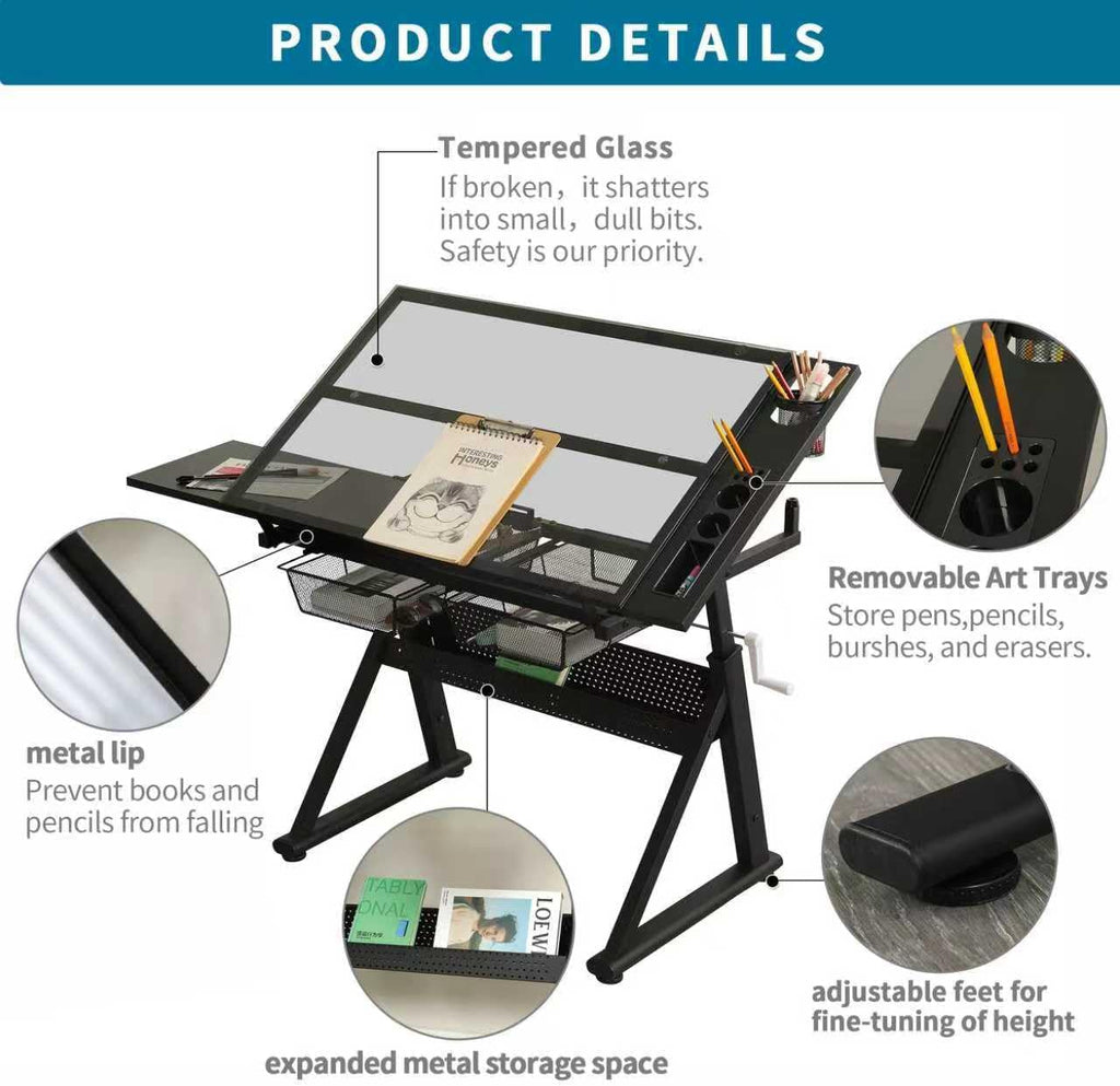 Adjustable Drawing Table for Artists | Drafting Desk with Tilted Glass Top | Art & Craft Table for Adults (Black, Smart Upgrade-29.52’’- 37.8'' H)