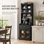 71" Kitchen Pantry Hutch Storage Cabinet with Microwave Stand, Farmhouse Freestanding Buffet Sideboard with Coffee Bar, Tall Wood Cupboard for Kitchen Dining Room (Black)