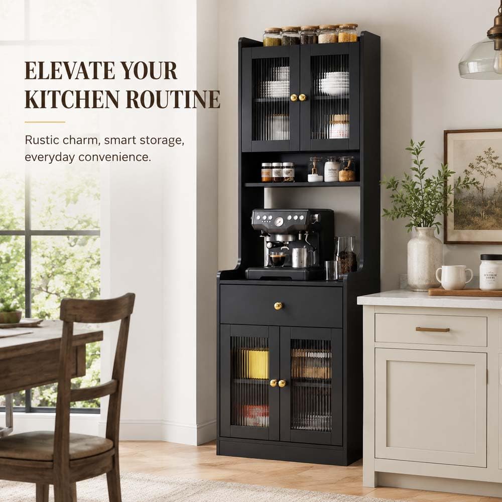 71" Kitchen Pantry Hutch Storage Cabinet with Microwave Stand, Farmhouse Freestanding Buffet Sideboard with Coffee Bar, Tall Wood Cupboard for Kitchen Dining Room (Black)