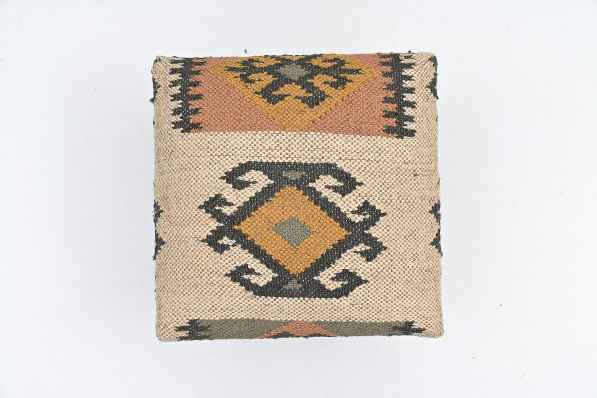 Handmade Jute Upholstered Ottoman Stool | Square Foot Rest with Wooden Legs | Decorative Accent Seating for Bedroom, Living Room, Entryway, Vanity & Hallway (Yellow-Beige)