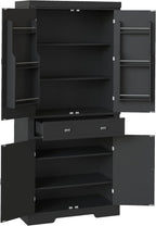 IDEALHOUSE 72" Kitchen Pantry Cabinet with Drawer, Doors and Shelves, Wood Farmhouse Storage Cabinet, Large Storage Cupboard for Living Room, Dining Room(Black)