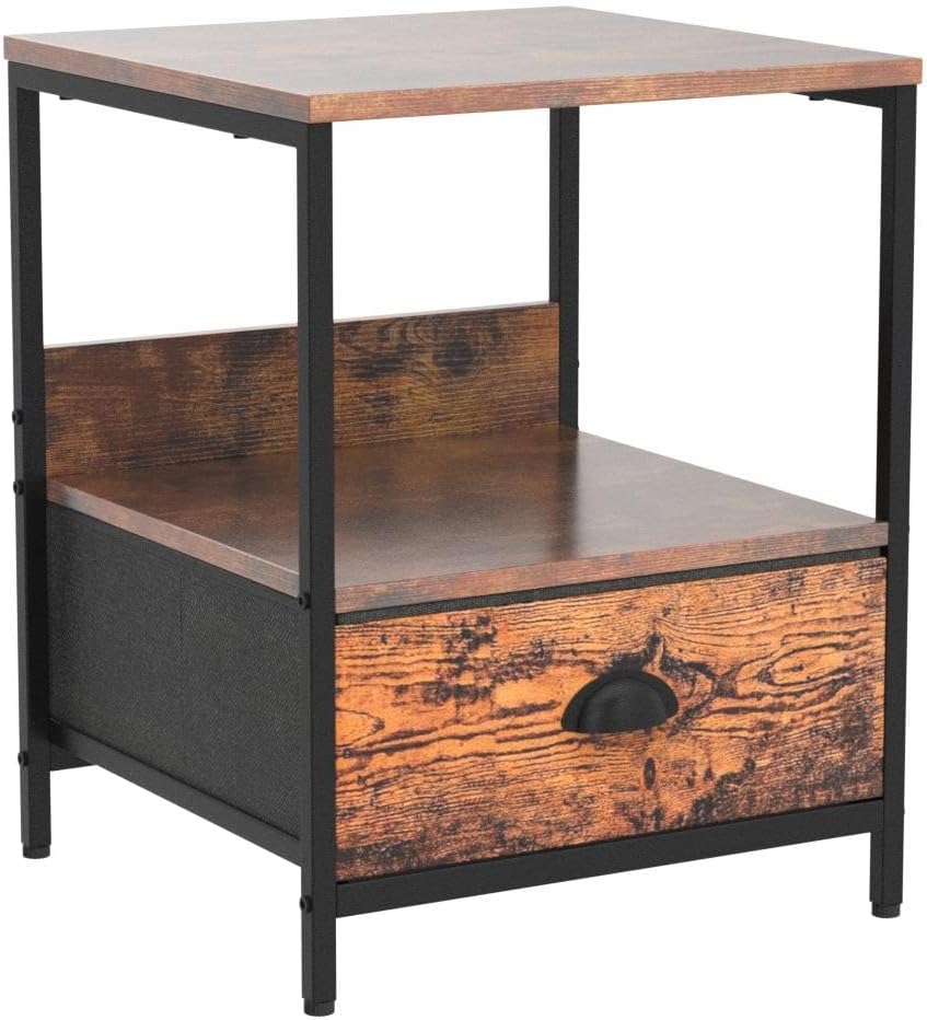 Furologee Rustic Brown Industrial Style Nightstand with Drawer, 15.7" L x 15.7" W x 21.7" H