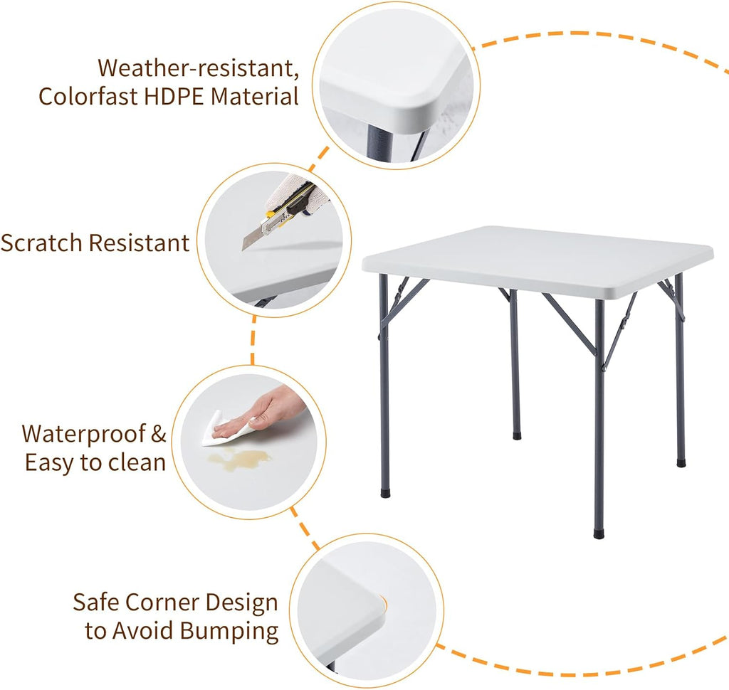BOOSDEN 32 Inch Square Folding Table, Lightweight Card Table for Indoor Outdoor, Portable Utility Foldable Tables with Collapsible Legs, Plastic Table for Puzzles, Game, Crafting, Camping,Party,Picnic