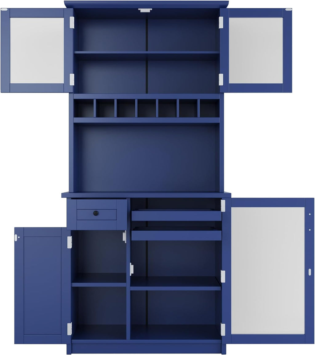 Freestanding Kitchen Pantry with Drawer, Adjustable Shelves & Wine, Blue | Rustic blue finish, solid wood legs, adjustable shelves, wine rack holds 12 bottles, 35.4"W x 17.7"D x 74.8"H, for dining
