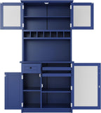 Freestanding Kitchen Pantry with Drawer, Adjustable Shelves & Wine, Blue | Rustic blue finish, solid wood legs, adjustable shelves, wine rack holds 12 bottles, 35.4"W x 17.7"D x 74.8"H, for dining