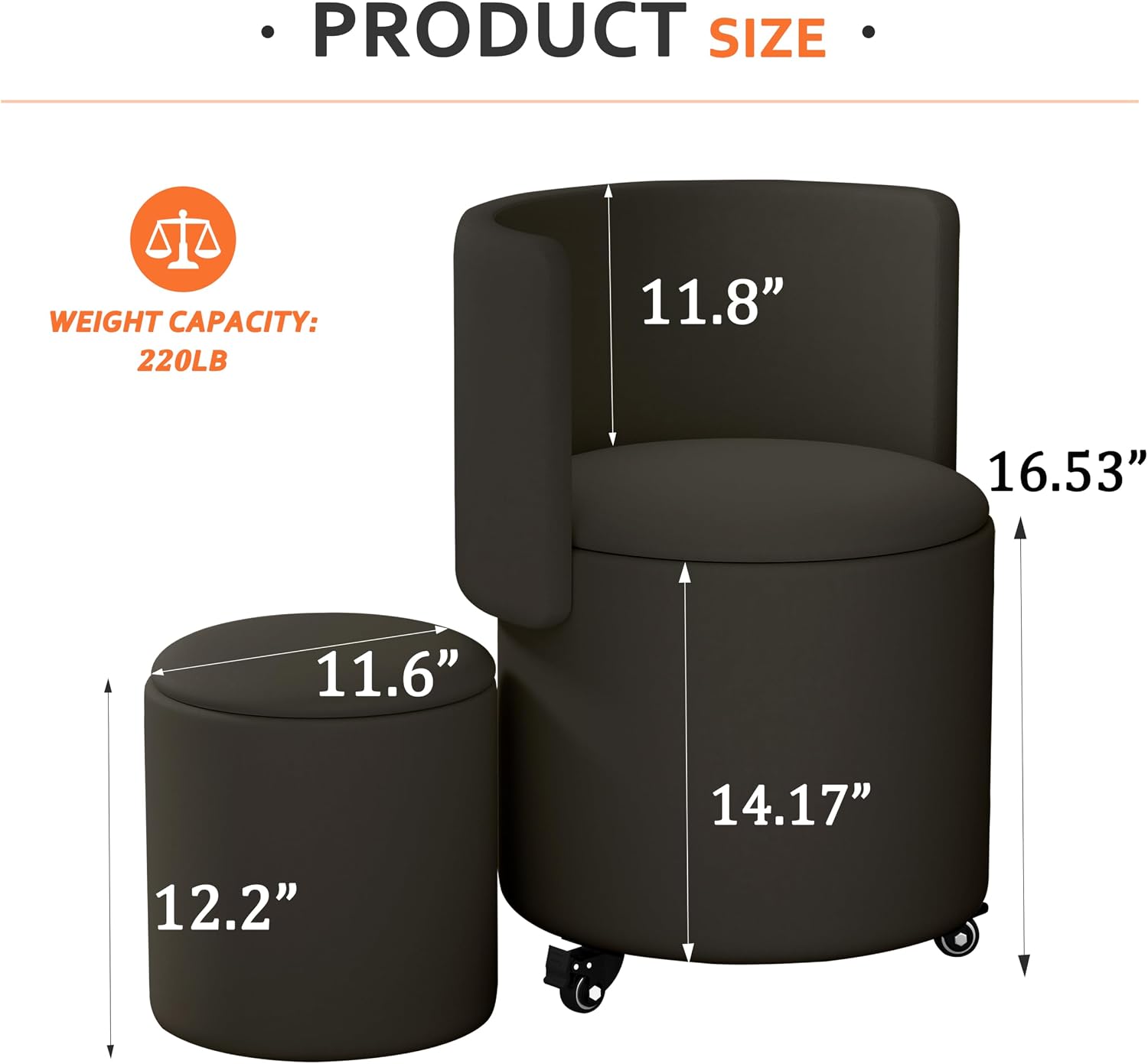 Round Vanity Chair with Storage, Rolling PU Leather Swivel Work Makeup Stool Chair with Folding Back, Upholstered Ottomans for Bedroom Living Room