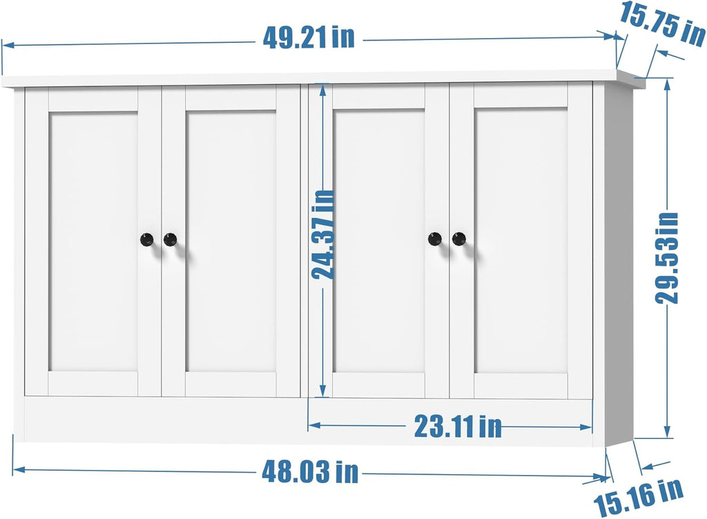 holzart White Buffet Cabinet with Storage, 49" Modern Kitchen Sideboard with 4 Doors & Adjustable Shelves, Wood Coffee Bar Cabinet Console Table for Dining Room, Living Room, Entryway