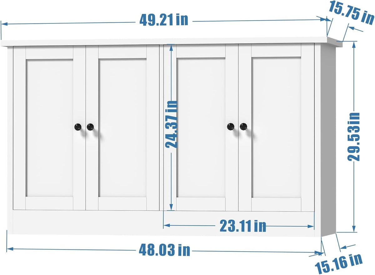 holzart White Buffet Cabinet with Storage, 49" Modern Kitchen Sideboard with 4 Doors & Adjustable Shelves, Wood Coffee Bar Cabinet Console Table for Dining Room, Living Room, Entryway
