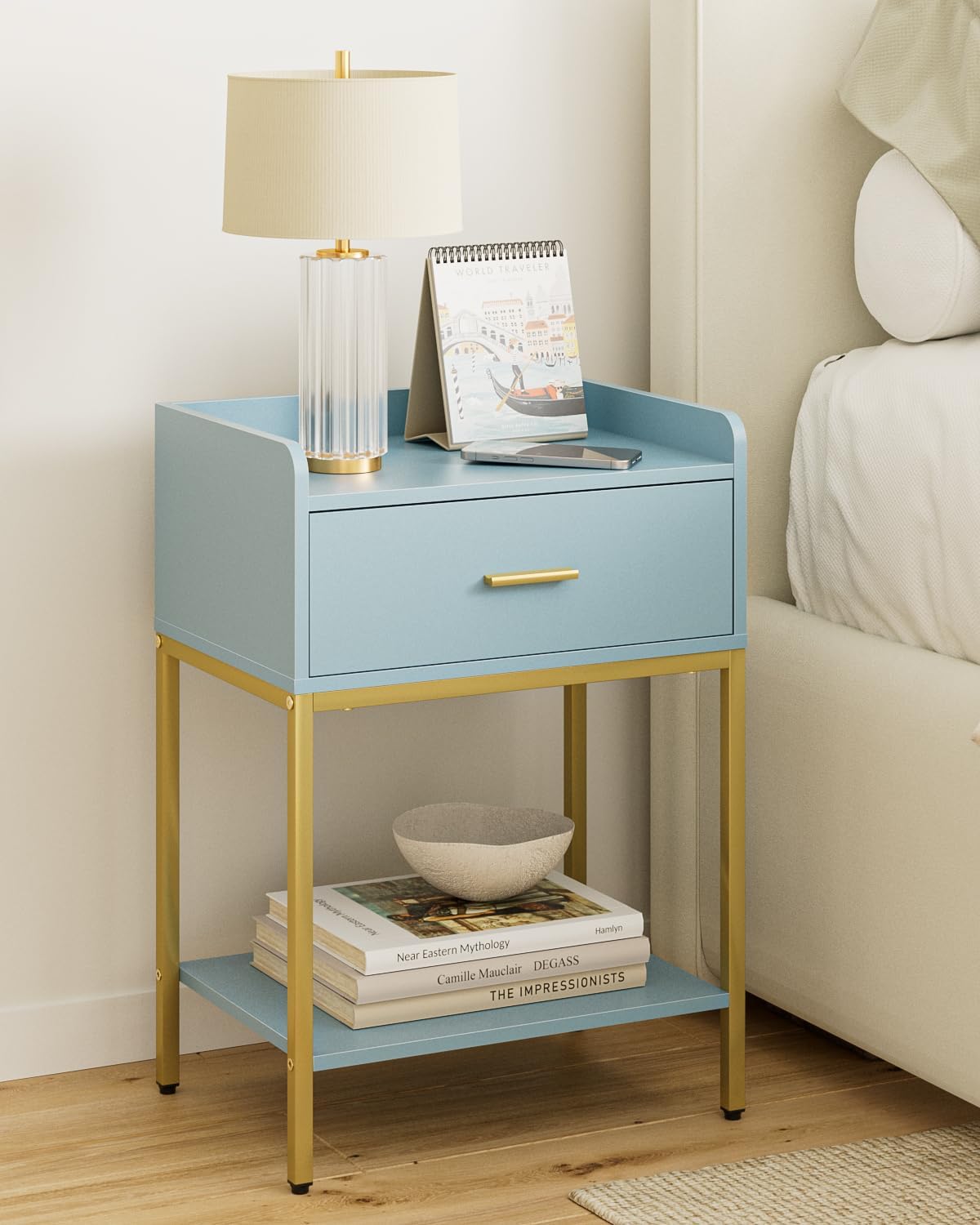 Masupu Nightstand,Bedside Table 3-Tier Modern Night Stand with Storage Drawer and Shelf,Small End Side Table for Bedroom,Living Room,Black (Without Outlet, Blue)