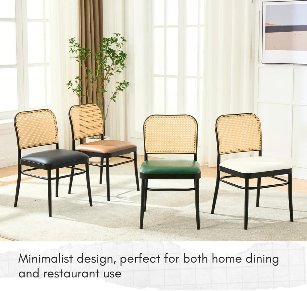 Rattan Dining Chairs Set of 4, Mid-Century Modern, Black | Cane Back Design, Faux Leather Upholstery, Boho Style, Comfortable Padded Seat, 350 LBS Weight Capacity