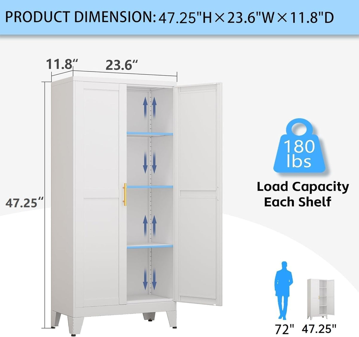erosoei Metal Pantry Storage Cabinet, Kitchen Storage Cabinets with Adjustable Feet and Shelves, Metal Pantry Cabinet for Kitchen, Living Room, Laundry Room and Dinning Room (2door-White)
