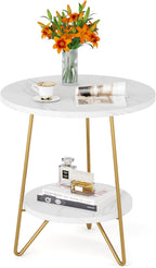 Tribesigns 2 Tier Round Side Table, Faux Marble End Table with Shelf, Small Gold Accent Nightstand for Living Room, Bedroom or Couch Side, White and Gold