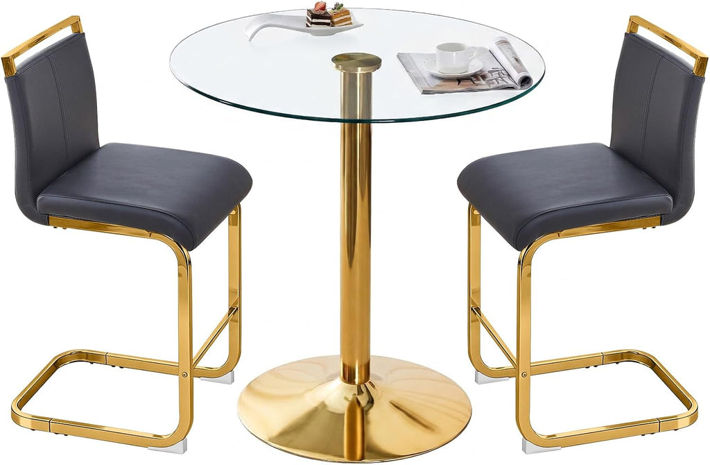 Glass Dining Table Set for 2, Round Bistro Set with Metal Frame, Compact 3-Piece Table and Chairs Set for Small Spaces, Kitchen, Balcony, Living Room, Breakfast Nook (Gold & Black)