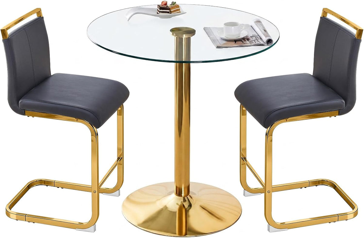 Glass Dining Table Set for 2, Round Bistro Set with Metal Frame, Compact 3-Piece Table and Chairs Set for Small Spaces, Kitchen, Balcony, Living Room, Breakfast Nook (Gold & Black)