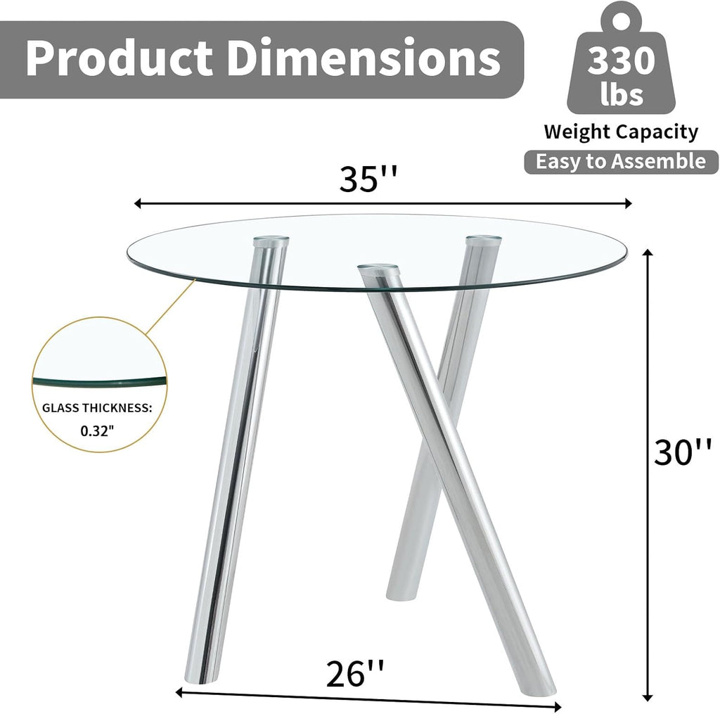 35" Round Dining Table for 4, Modern Round Glass Dining Table with Metal Legs, Round Kitchen Table for Dining Room Home Office Small Spaces