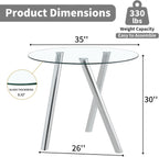 35" Round Dining Table for 4, Modern Round Glass Dining Table with Metal Legs, Round Kitchen Table for Dining Room Home Office Small Spaces