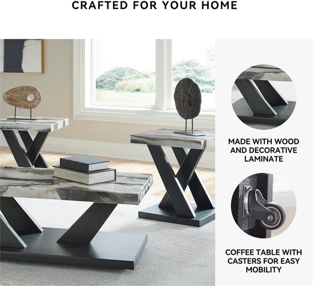 BOWERY HILL Coffee Table Set, 3-Piece, Faux White Marble Tops, Black Wood Frames, Built-in Casters, Includes 1 Coffee Table and 2 End Tables, Contemporary Living Room Furniture Set