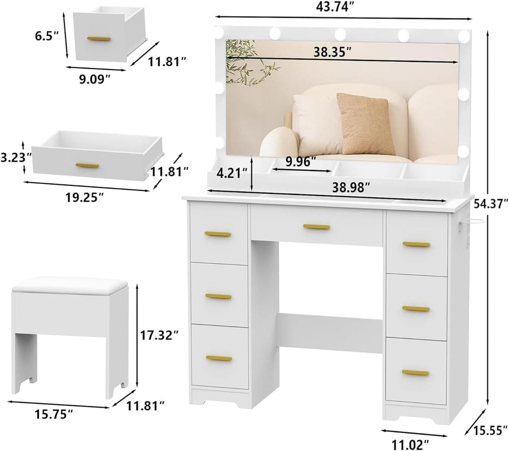 44" Vanity Desk with Chair and Glass Top, Vanity Table with 7 Drawers