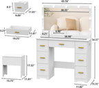 44" Vanity Desk with Chair and Glass Top, Vanity Table with 7 Drawers