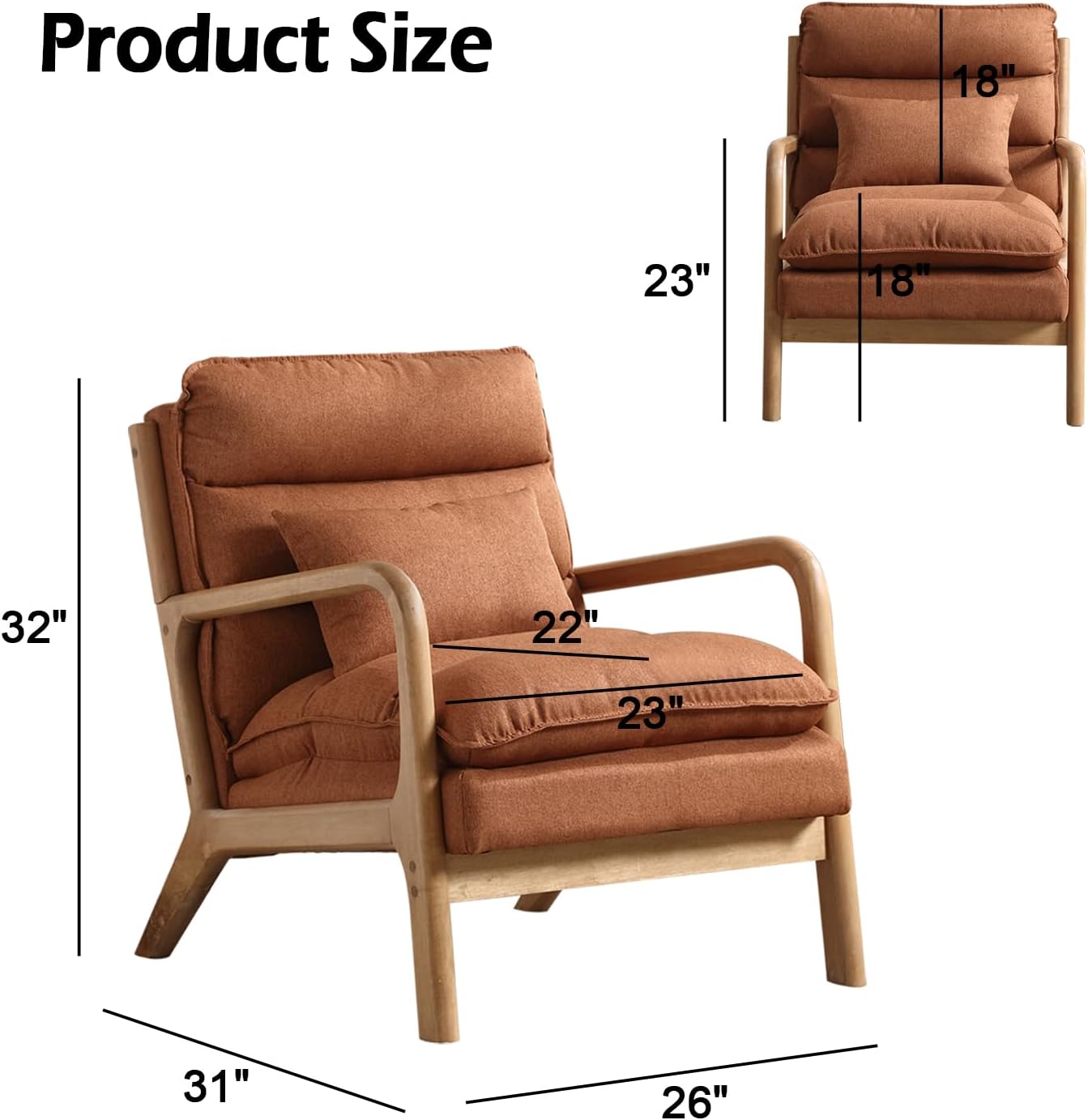 INZOY Mid Century Modern Accent Chair with Wood Frame, Upholstered Reading Armchair with Waist Cushion, Double Padded Accent Chair, Side Chair for Living Room Bedroom Office, Easy Assembly, Brown