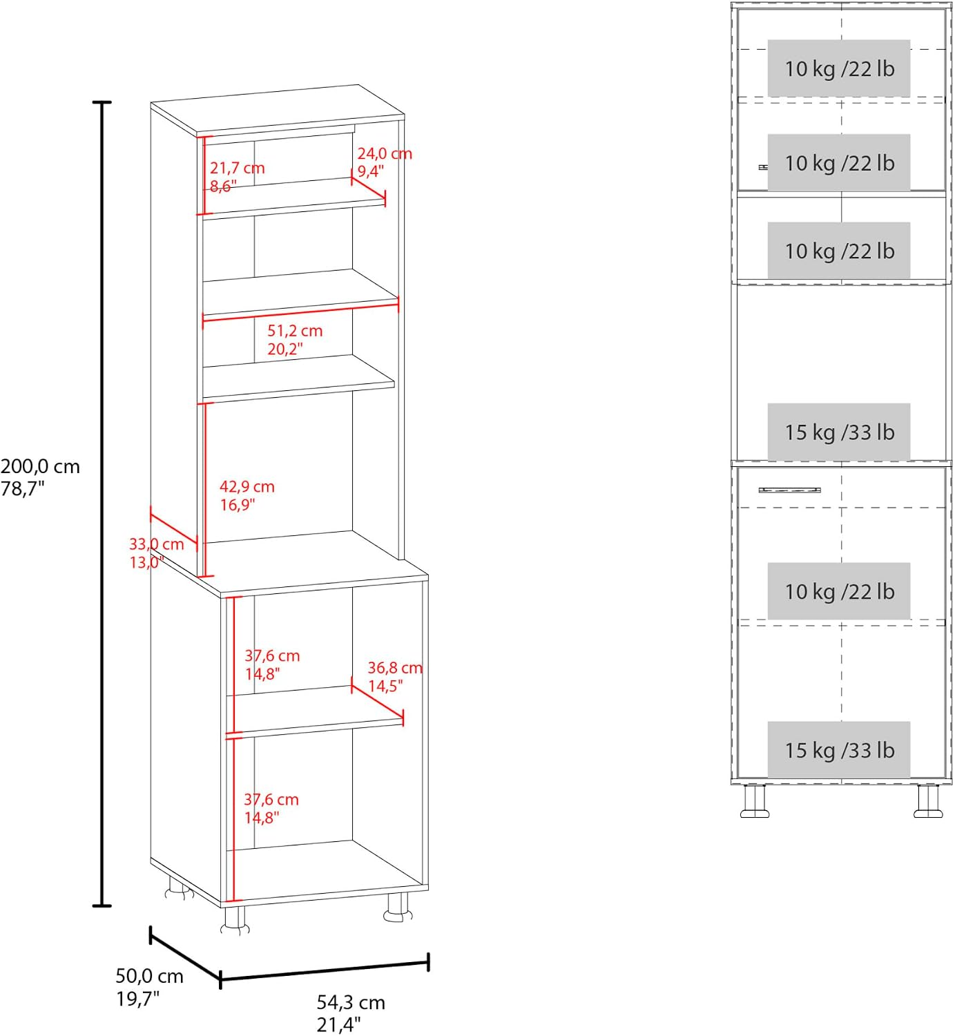 Kitchen Pantry with 2 Doors and 5 Shelves in White | Tall vertical design with 5 shelves for efficient kitchen storage