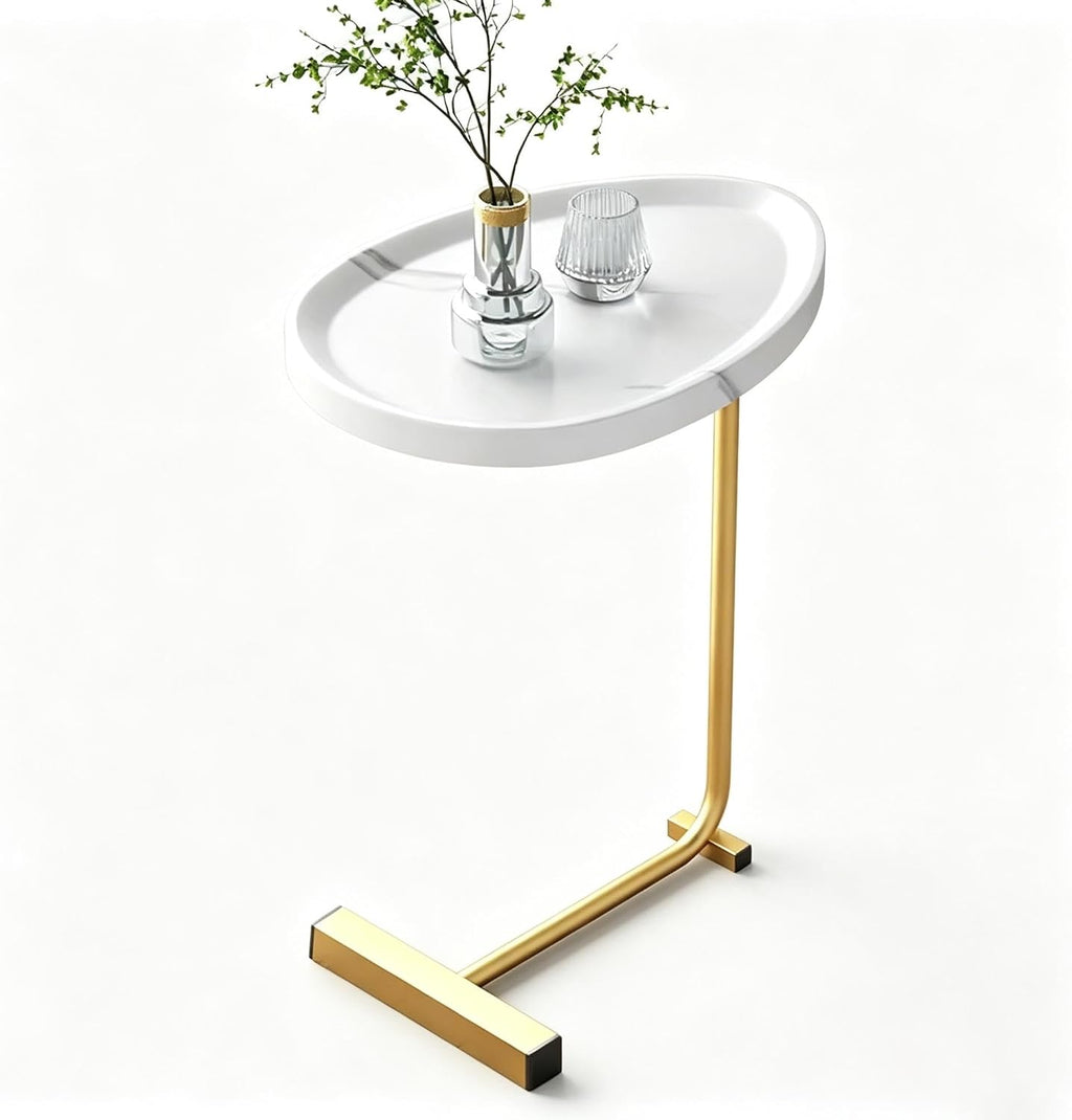 C-Shaped Side Table with MDF Tabletop and Steel Tube Frame, Compact Lightweight End Table, Slidable Accent Table with Stable Structure for Indoor Daily Use(White)
