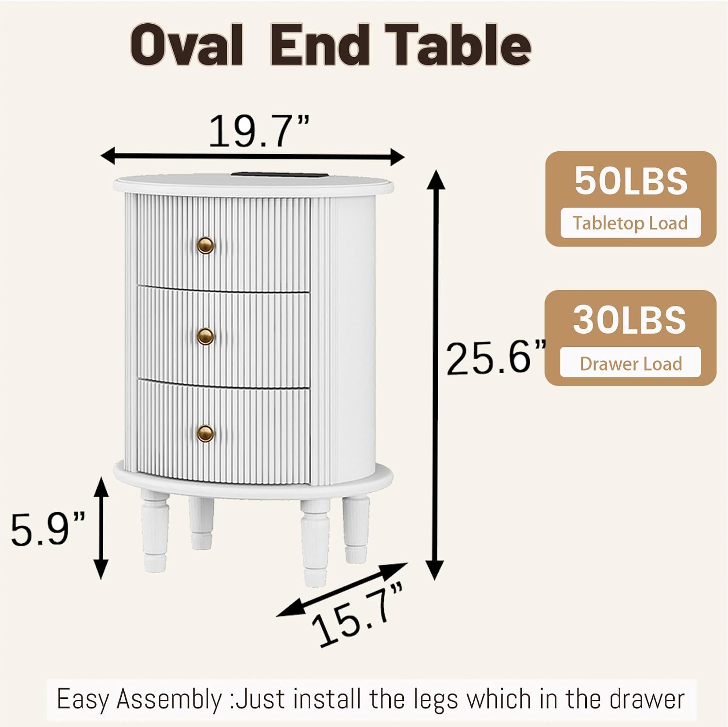 3 Drawers Nightstand, Wood End Table with Charging Station,Modern Round End Tables Living Room,Oval Side Table with Storage for Bedroom,Fully Assembled,White