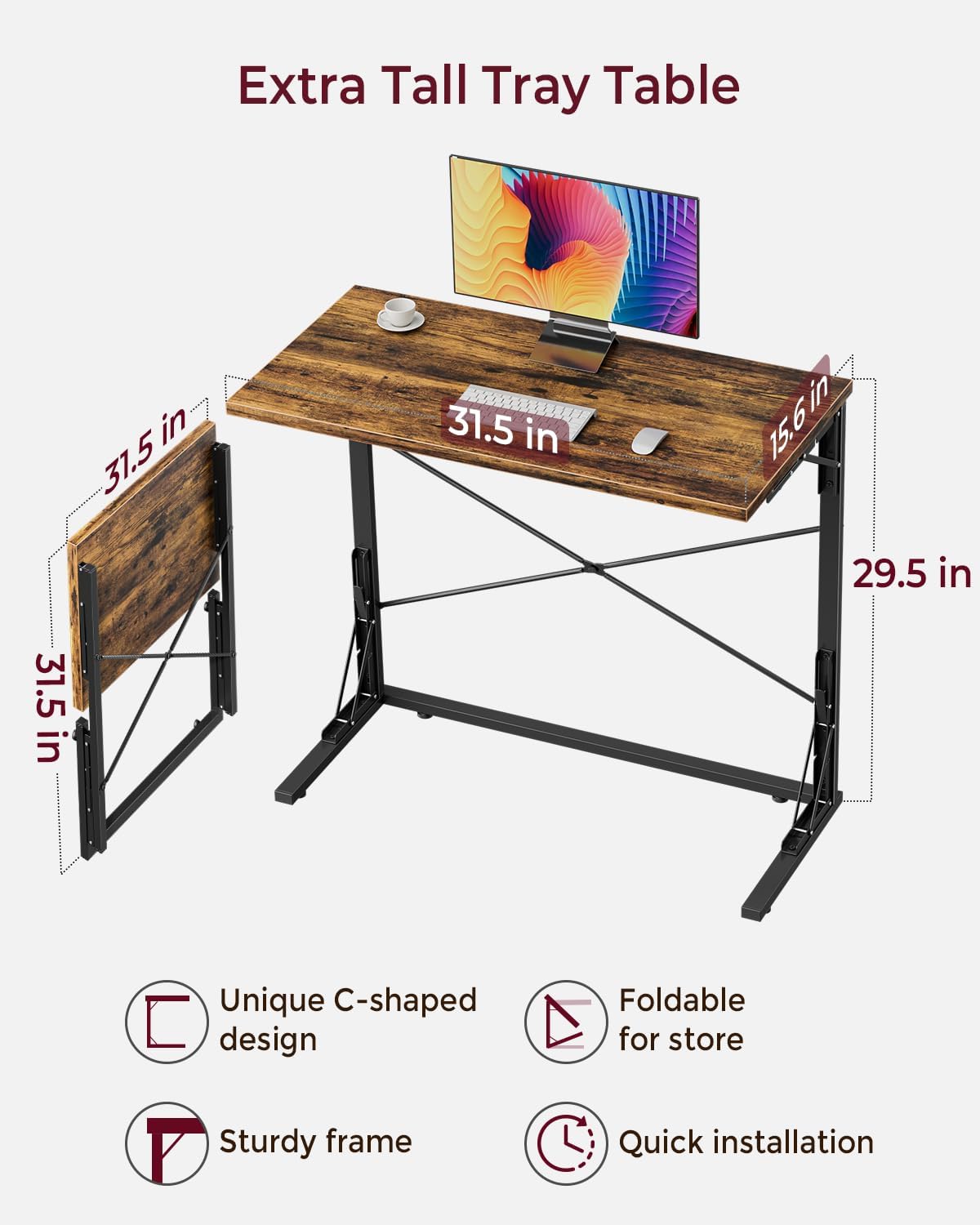 Vantic 31.5" Folding TV Tray Table for Eating on Couch, Rustic Brown | Foldable Couch Desk Table for Small Spaces, Extra Large TV Dinner Trays, Portable Fold Computer Writing Desk for Home Office