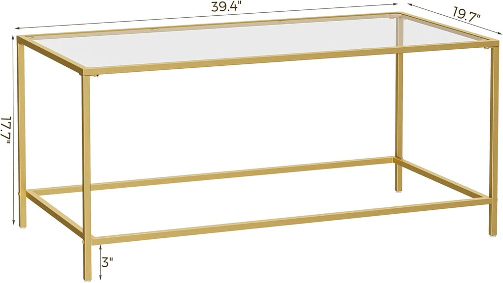 3-Piece Living Room Table Set, Glass Coffee Table with 2 Side Tables, Modern Rectangular Center Table & Square End Tables with Storage Shelves, Golden Metal Frame, Easy Assembly