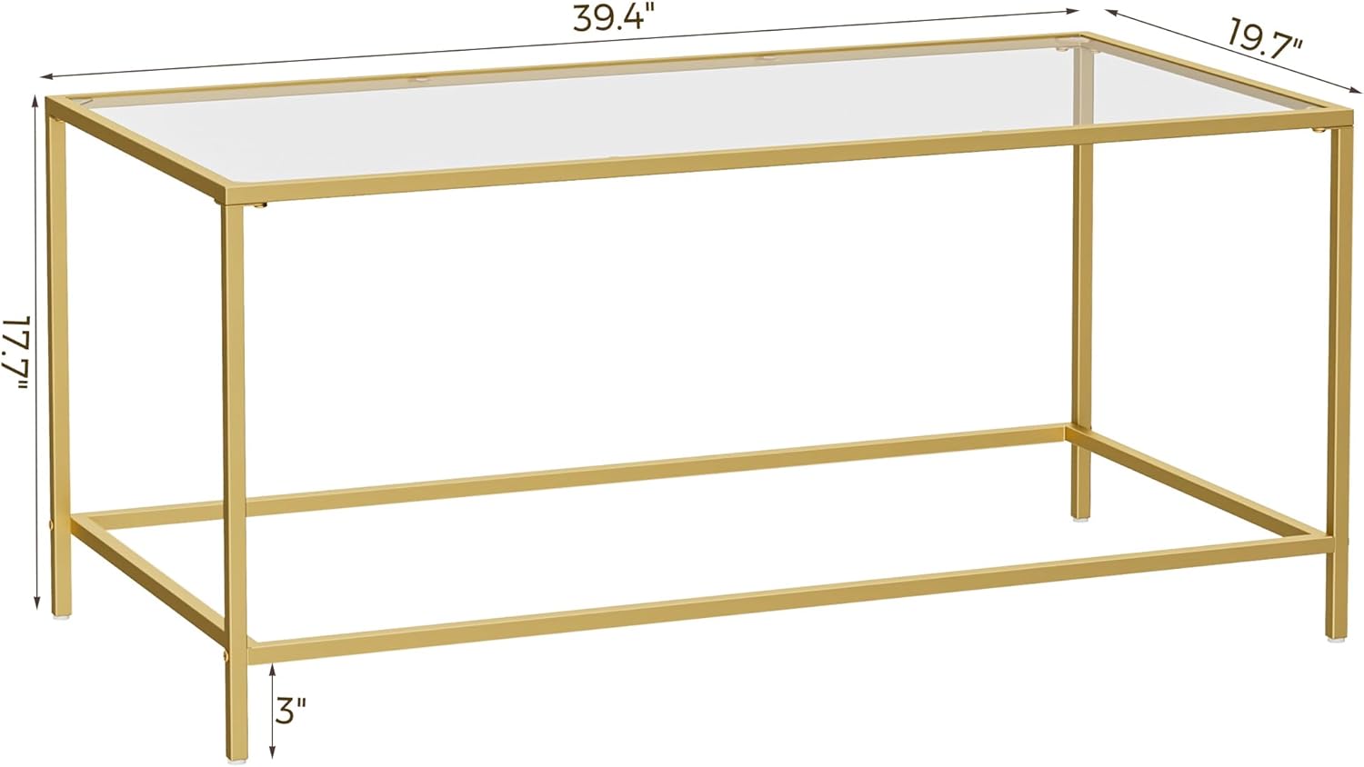 3-Piece Living Room Table Set, Glass Coffee Table with 2 Side Tables, Modern Rectangular Center Table & Square End Tables with Storage Shelves, Golden Metal Frame, Easy Assembly