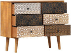 Mid-Century Modern Sideboard with Six Large Drawers, Solid Mango Wood and MDF Medium, Brown Printed Patterns Geometric Designs for Living Dining Room Storage
