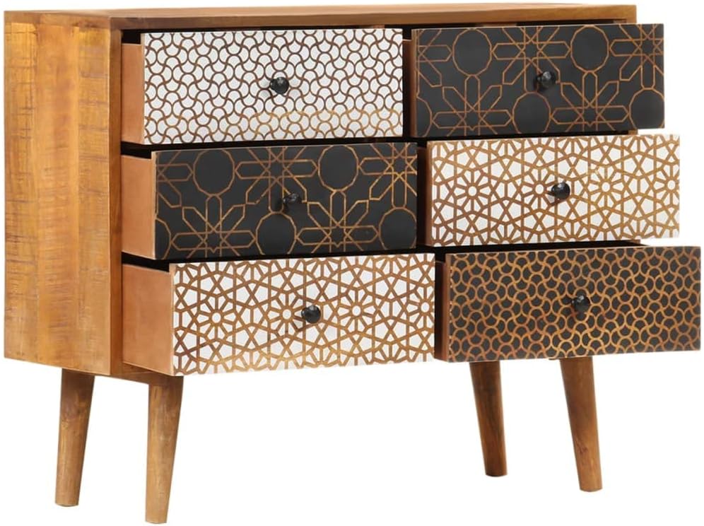 Mid-Century Modern Sideboard with Six Large Drawers, Solid Mango Wood and MDF Medium, Brown Printed Patterns Geometric Designs for Living Dining Room Storage
