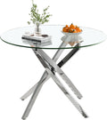 Modern Dining Table for 4 People, 36" Round Dining Table with Silver Chrome Metal X-Base, Circle Tempered Glass Dining Room Table, Small Kitchen Dining Room Tables Dinner Tables