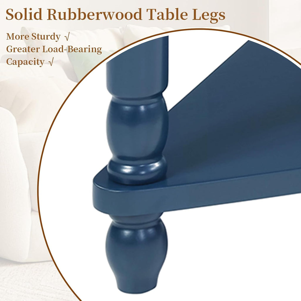 33.86" Corner Table, Wood 3 Tier Triangle Side Table Corner Shelf Stand with Solid Wood Legs 1 Drawer & 2 Storage Shelves for Living Room Small Space (Navy Blue)