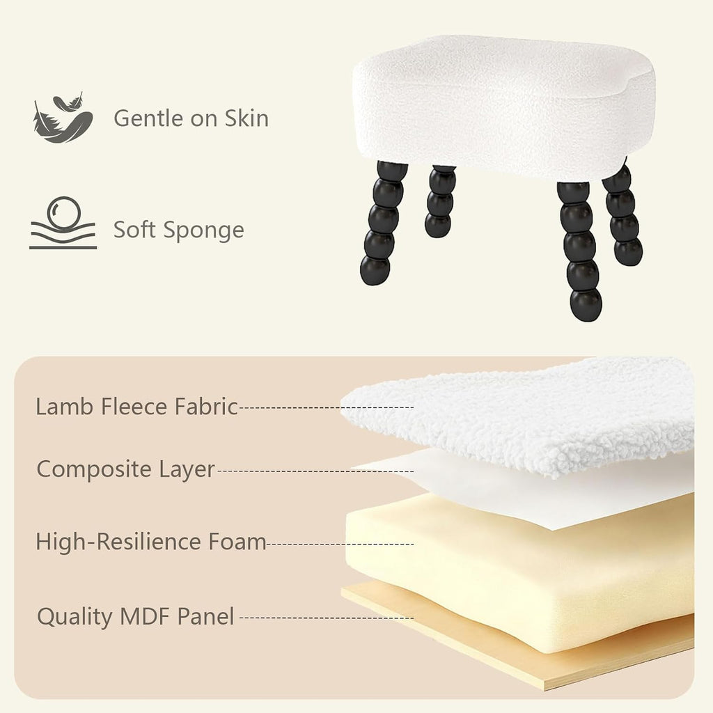 White Ottoman, Small Footrest with Storage Space, Unique Shaped Ottoman with Wood Legs，Faux Teddy Fur(Bone-White)