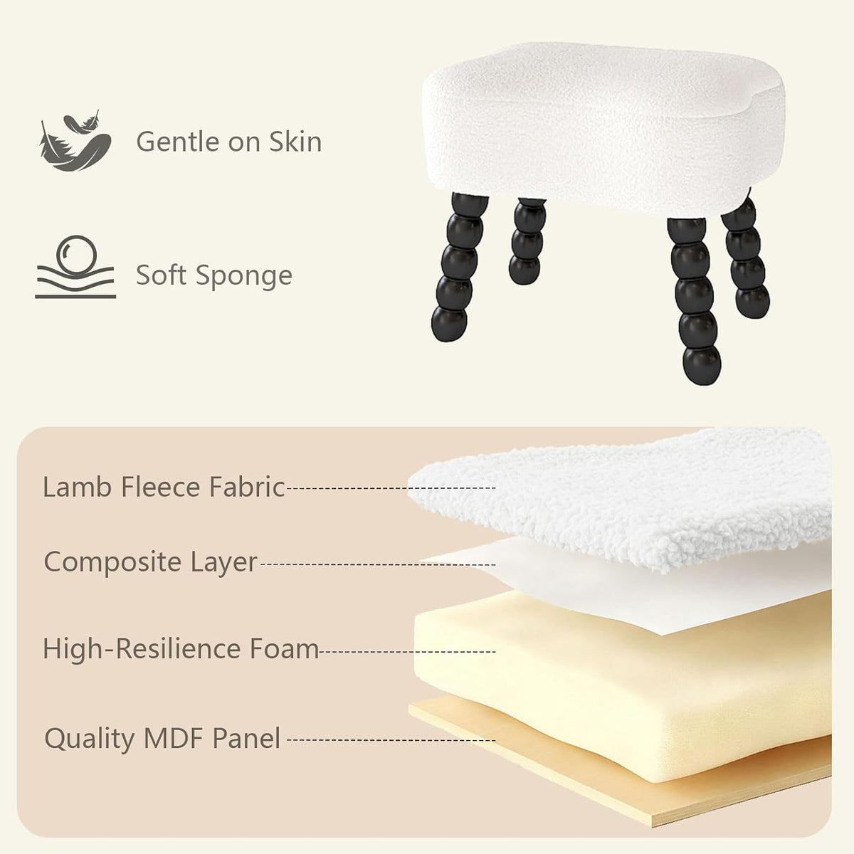 White Ottoman, Small Footrest with Storage Space, Unique Shaped Ottoman with Wood Legs，Faux Teddy Fur(Bone-White)