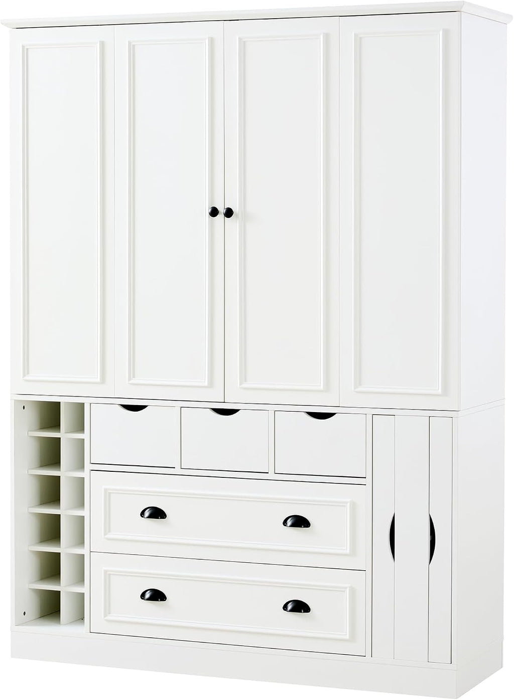 Farmhouse Kitchen Pantry, Sideboard with Power Outlet, Shelves, White | Spacious 53.2"L x 17.7"W x 71"H floor cabinet with 4 foldable doors, built-in power outlet, wine racks, and serving trays