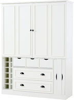 Farmhouse Kitchen Pantry, Sideboard with Power Outlet, Shelves, White | Spacious 53.2"L x 17.7"W x 71"H floor cabinet with 4 foldable doors, built-in power outlet, wine racks, and serving trays