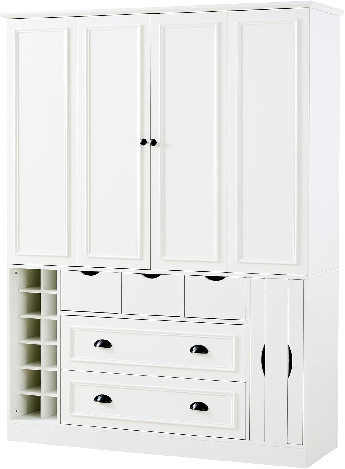 Farmhouse Kitchen Pantry, Sideboard with Power Outlet, Shelves, White | Spacious 53.2"L x 17.7"W x 71"H floor cabinet with 4 foldable doors, built-in power outlet, wine racks, and serving trays