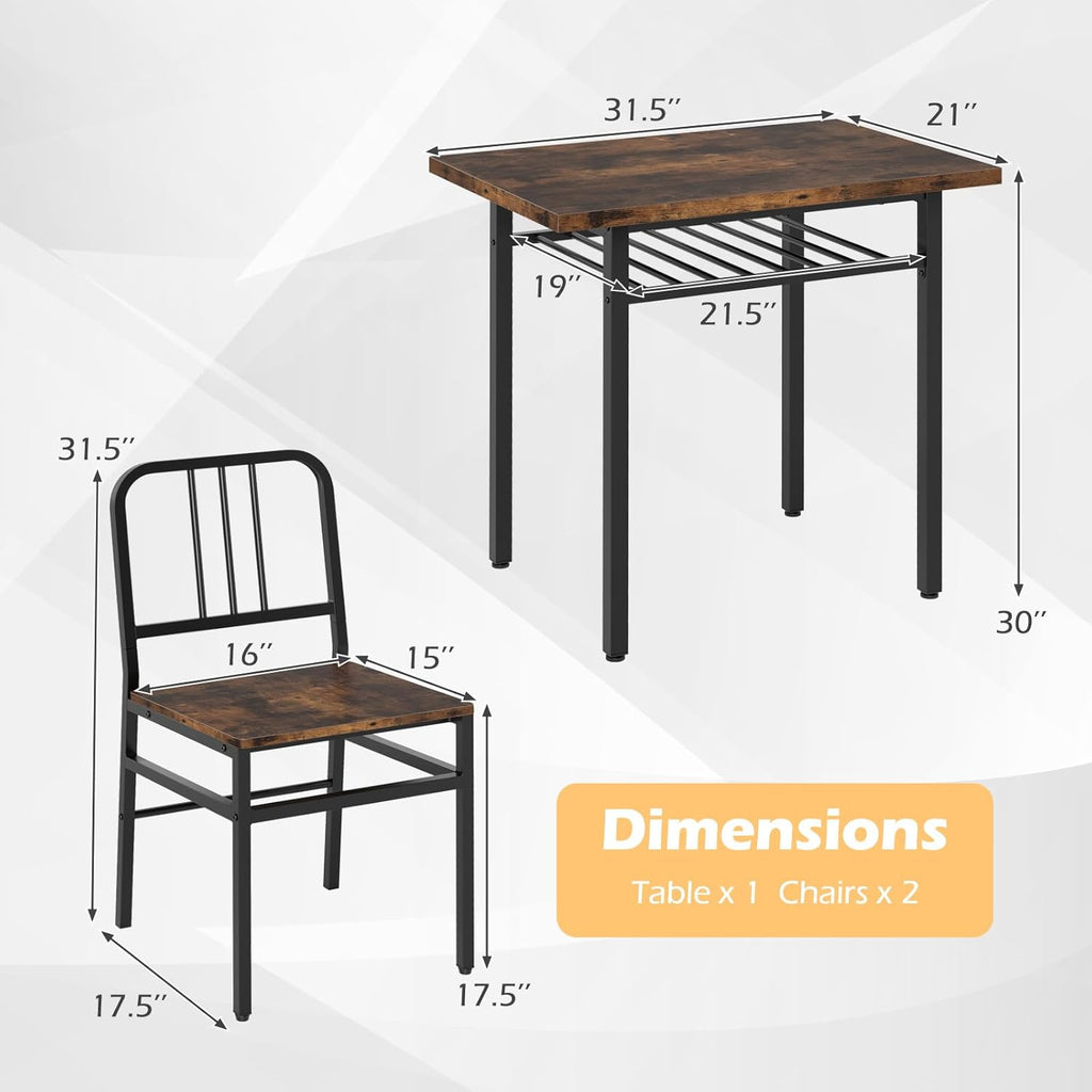 GOFLAME 3-Piece Dining Table Set for 2, Wooden Rectangular Kitchen Table and 2 Chairs with Storage Rack and Metal Frame, Space-Saving Dinette Set for Dining Room, Apartment, Small Space, Rustic Brown