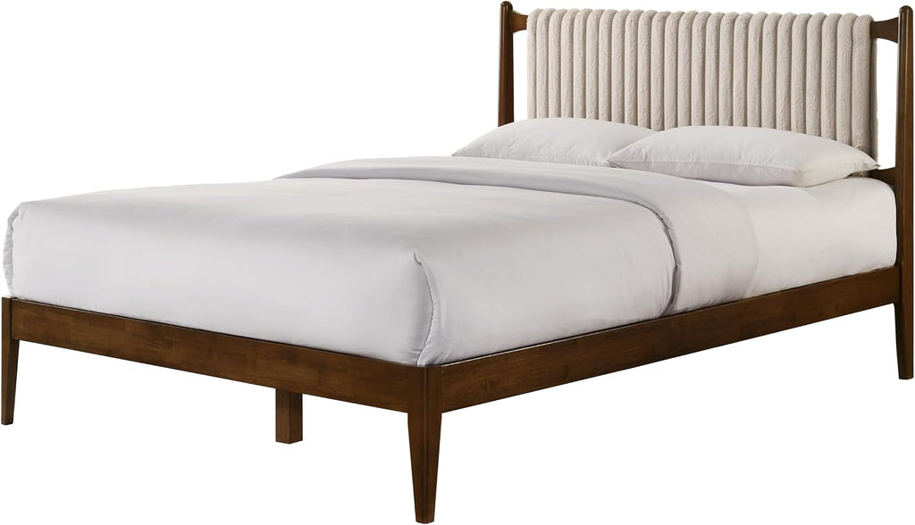Ella Wooden Platform Bed | Box Spring Not Required | Walnut and Beige, Queen