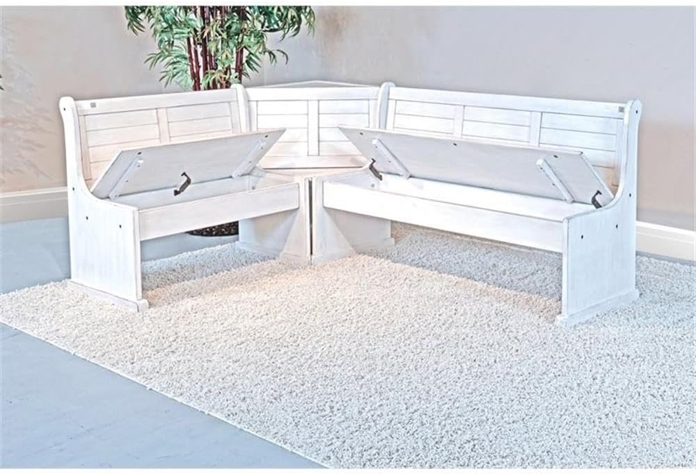 Pemberly Row 75" x 56" Farmhouse Wood Breakfast Nook Set with Table, Storage, Reversable Benche, L-Shaped Corner Bench, for Dining Room, in Marble White Finish